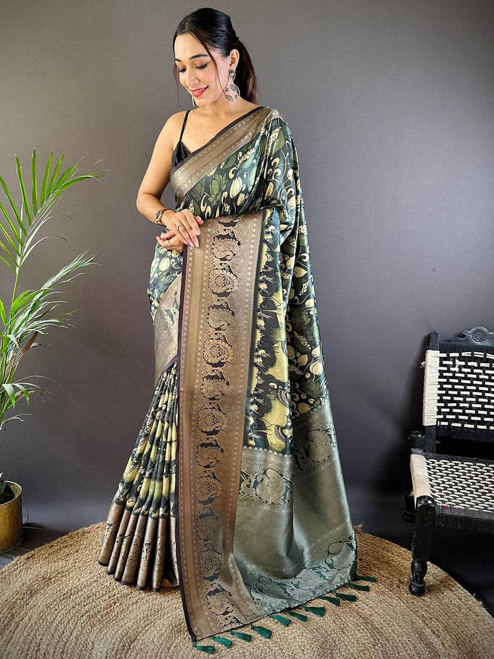 Dark Green Kalamkari Printed Soft Silk Saree with Antique Gold Zari Border