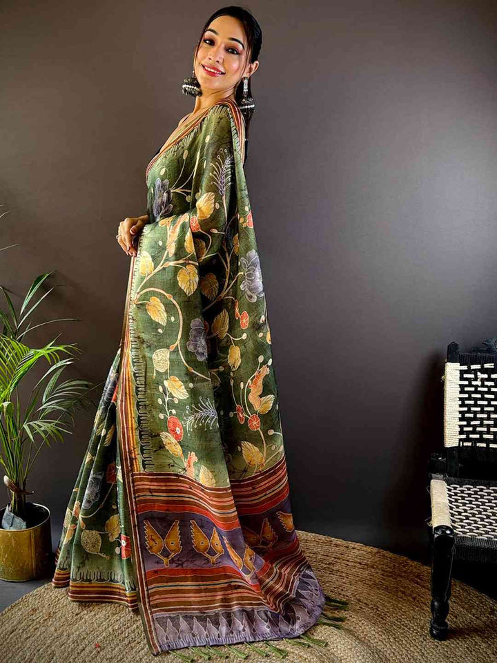 Olive Green Kalamkari Printed Soft Silk Saree with Contrast Border & Tassel Pallu