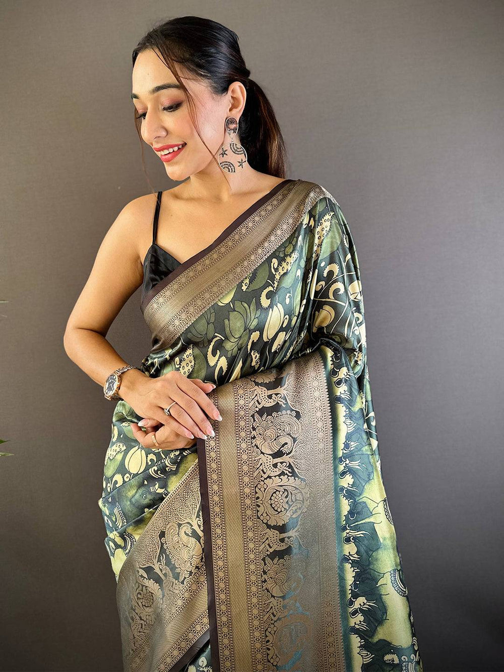 Dark Green Kalamkari Printed Soft Silk Saree with Antique Gold Zari Border