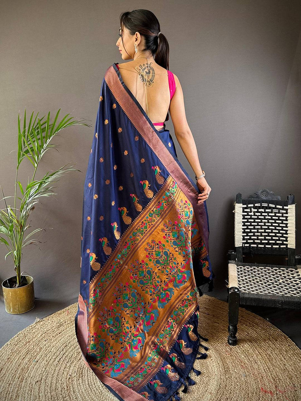 Navy Blue Soft Silk Saree with Multicolor Peacock Weaving & Antique Zari Border