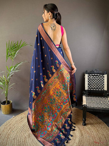 Navy Blue Soft Silk Saree with Multicolor Peacock Weaving & Antique Zari Border