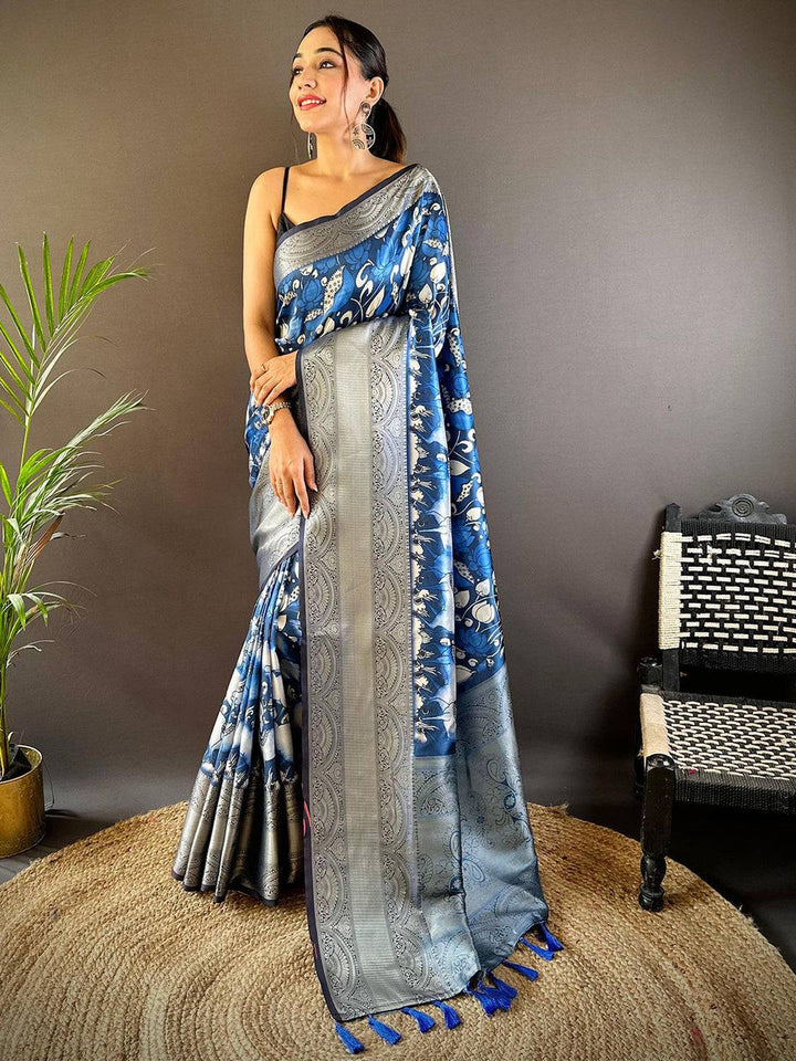 Royal Blue Soft Silk Saree with Silver Zari Weaving & Elephant Peacock Motifs