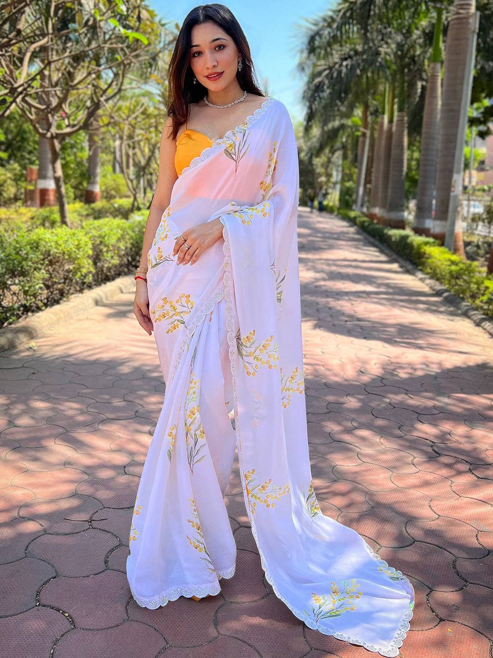 White Floral Printed Georgette Saree with Lace Border