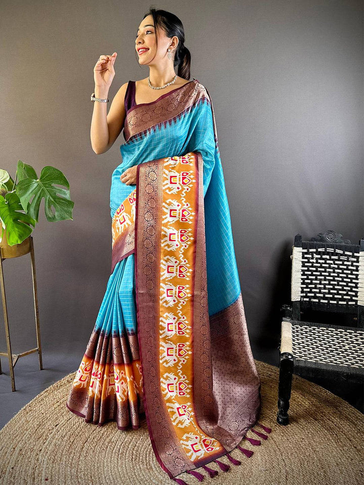Turquoise Blue Soft Silk Saree with Ikat Woven Border & Antique Zari Pallu