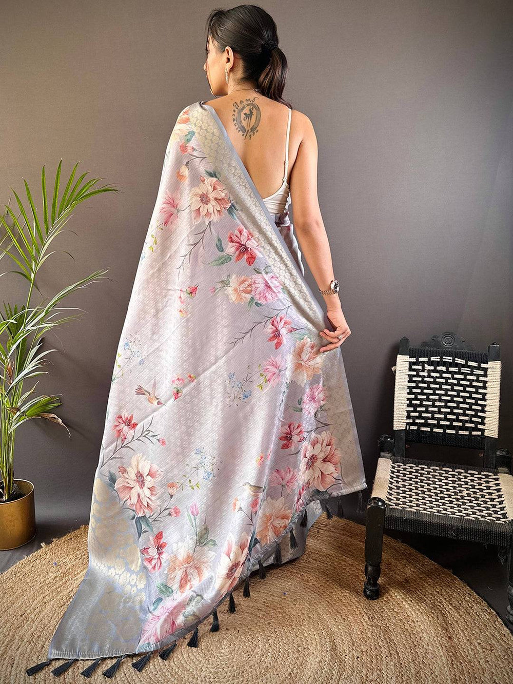 Pastel Silver Floral Printed Soft Silk Saree with Gold Zari Woven Pallu