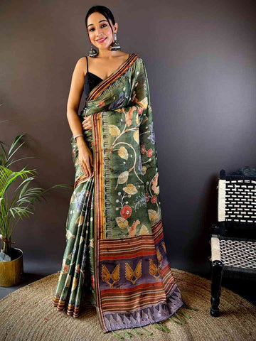 Olive Green Kalamkari Printed Soft Silk Saree with Contrast Border & Tassel Pallu