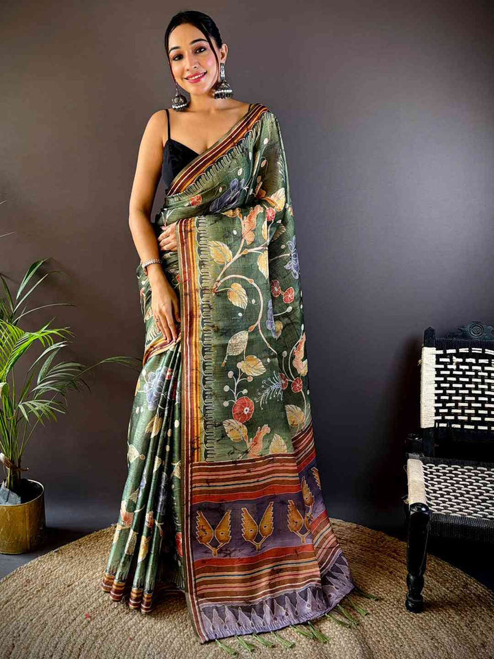 Olive Green Kalamkari Printed Soft Silk Saree with Contrast Border & Tassel Pallu