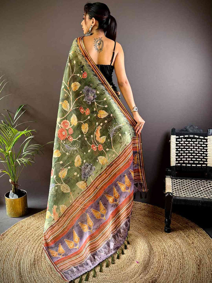 Olive Green Kalamkari Printed Soft Silk Saree with Contrast Border & Tassel Pallu