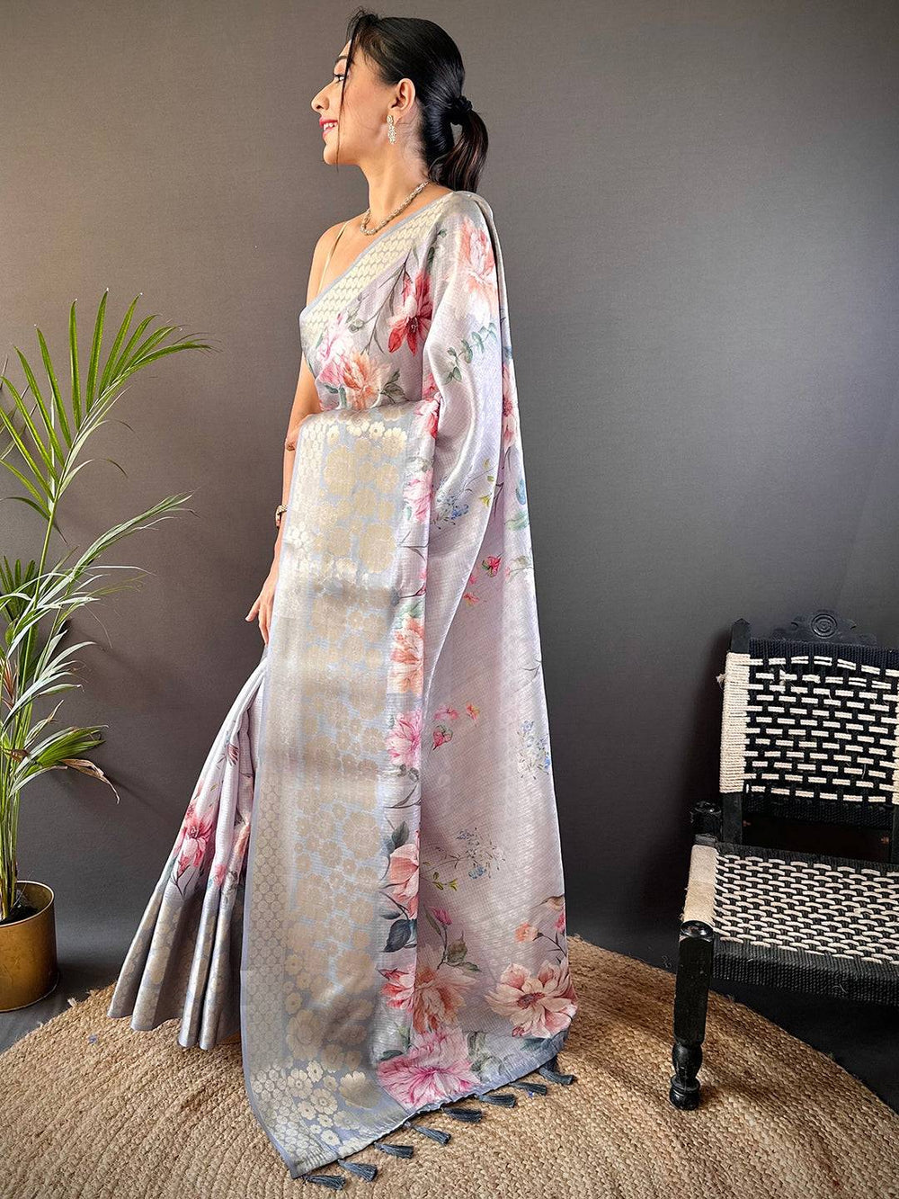 Pastel Silver Floral Printed Soft Silk Saree with Gold Zari Woven Pallu