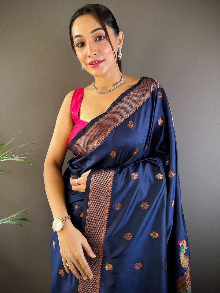 Navy Blue Soft Silk Saree with Multicolor Peacock Weaving & Antique Zari Border