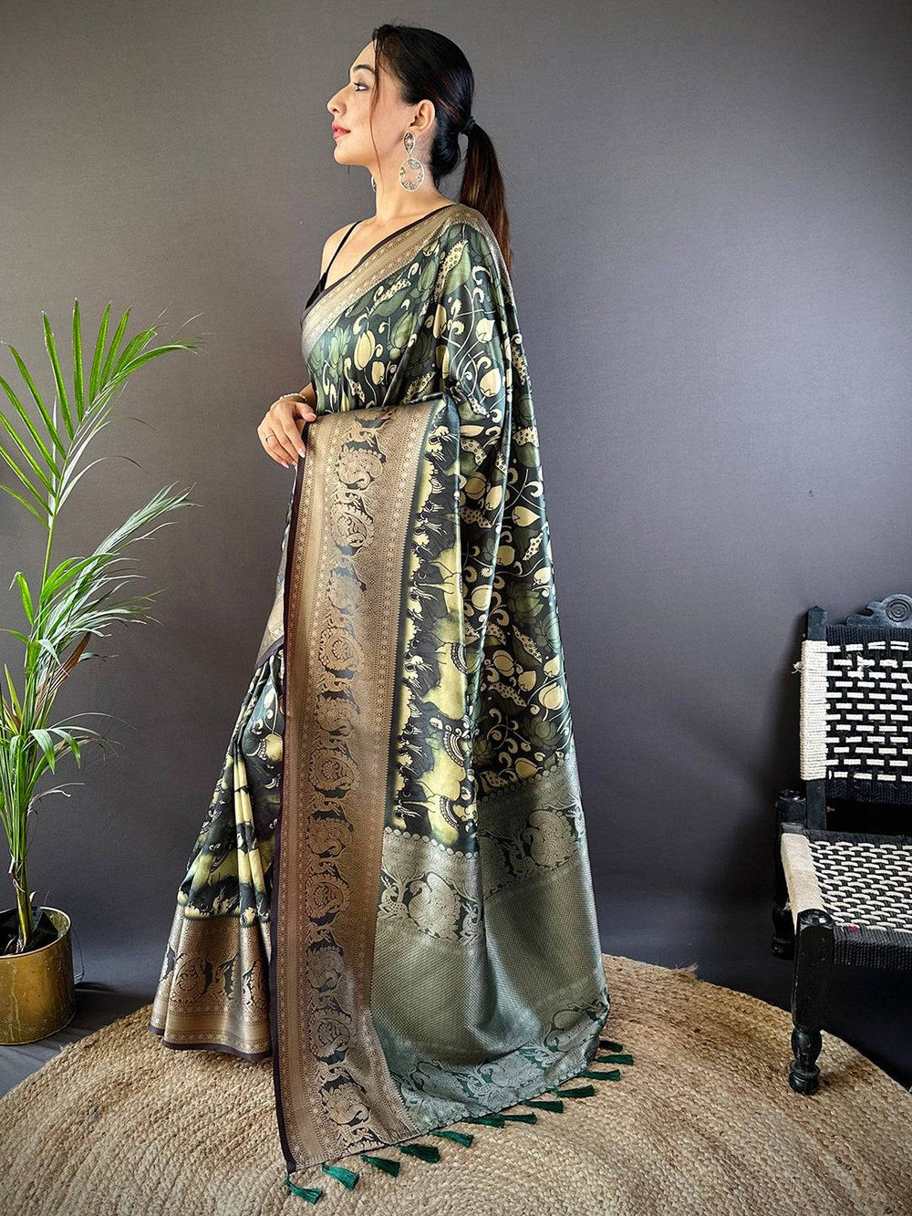 Dark Green Kalamkari Printed Soft Silk Saree with Antique Gold Zari Border