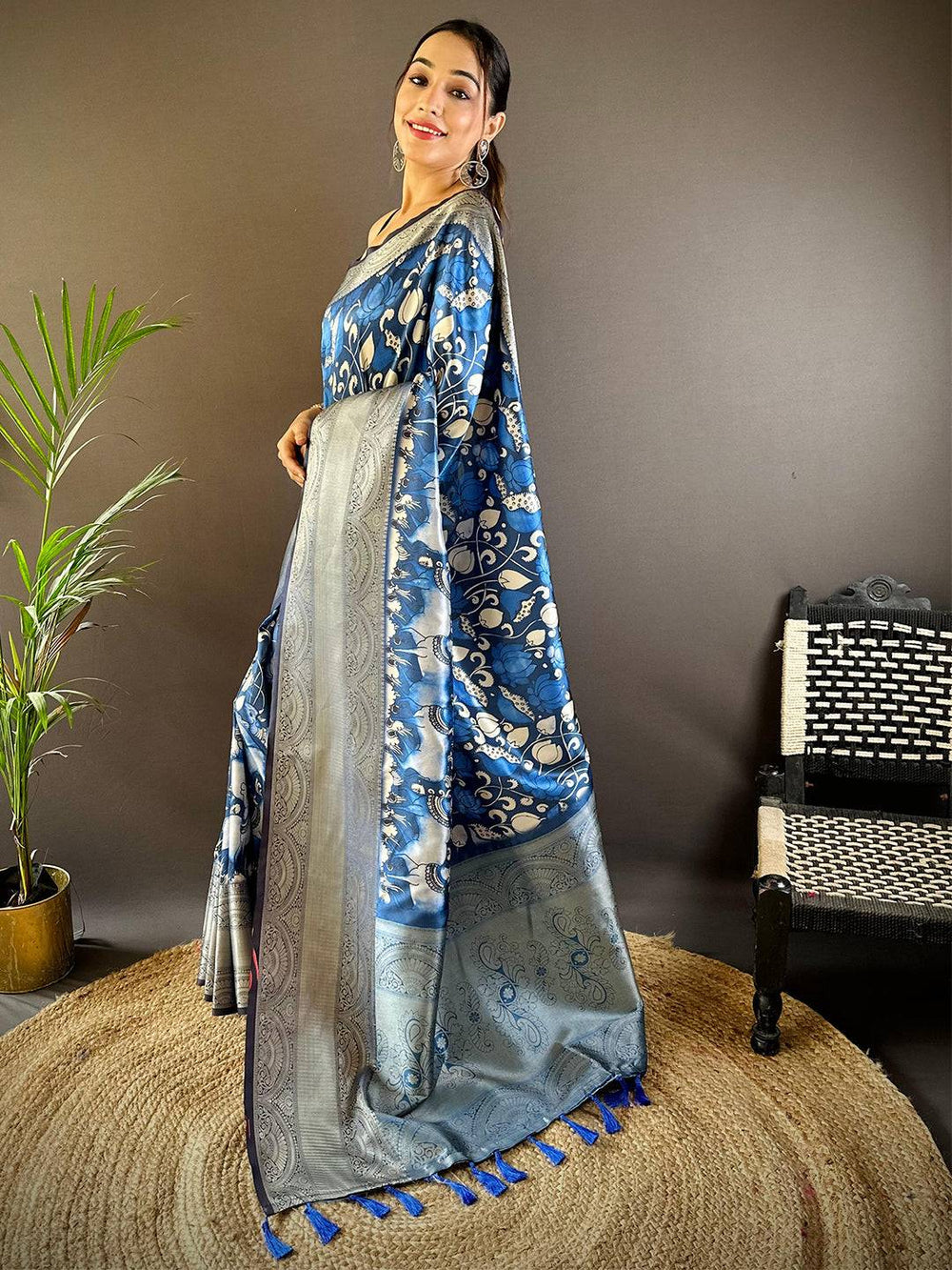 Royal Blue Soft Silk Saree with Silver Zari Weaving & Elephant Peacock Motifs