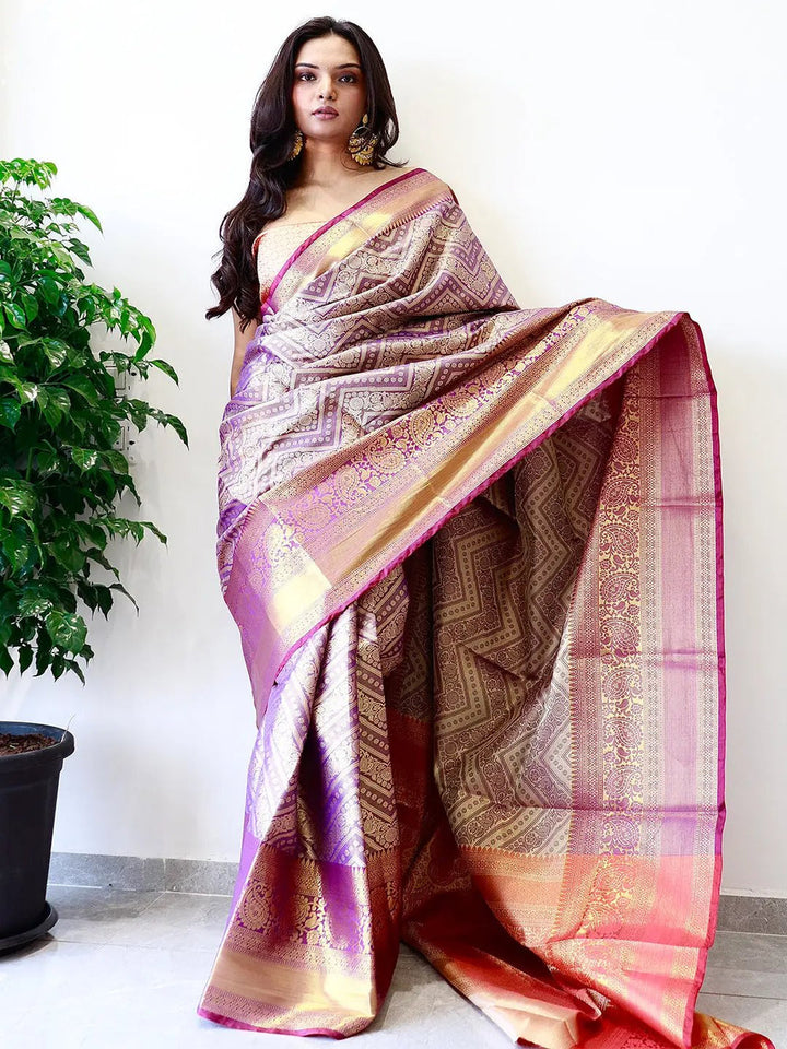 Purple & Gold Banarasi Silk Saree with Intricate Zari Weaving and Grand Border