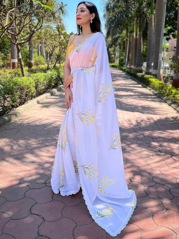 White Floral Printed Georgette Saree with Lace Border