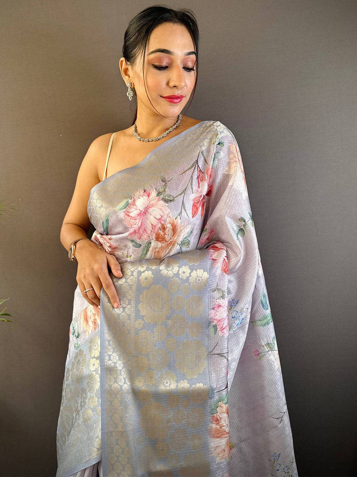 Pastel Silver Floral Printed Soft Silk Saree with Gold Zari Woven Pallu