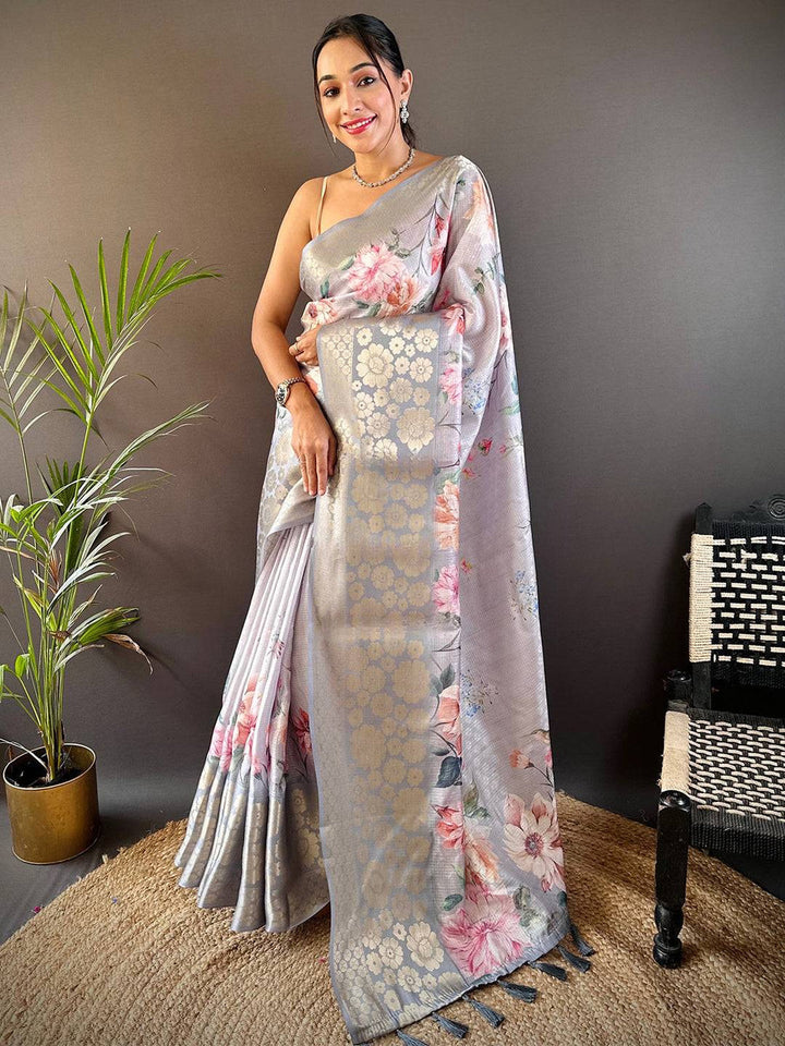 Pastel Silver Floral Printed Soft Silk Saree with Gold Zari Woven Pallu