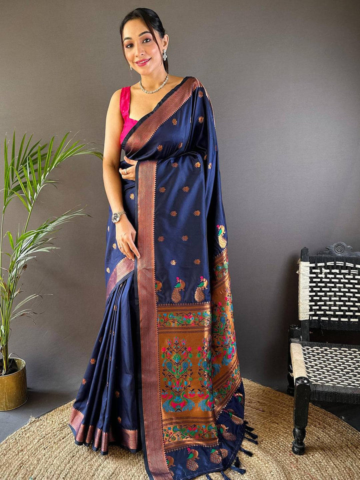 Navy Blue Soft Silk Saree with Multicolor Peacock Weaving & Antique Zari Border