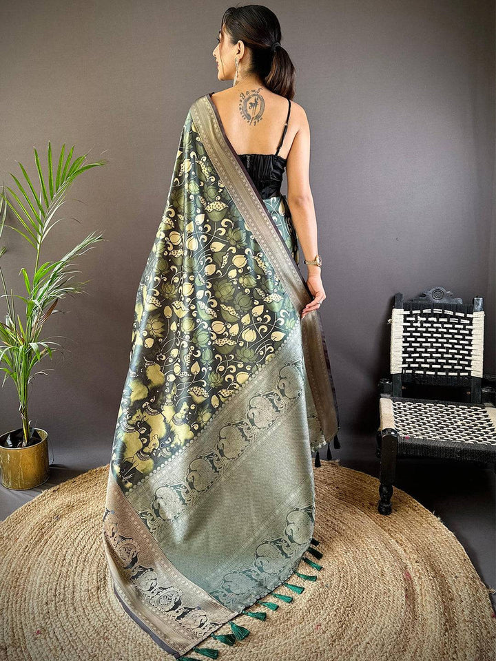 Dark Green Kalamkari Printed Soft Silk Saree with Antique Gold Zari Border