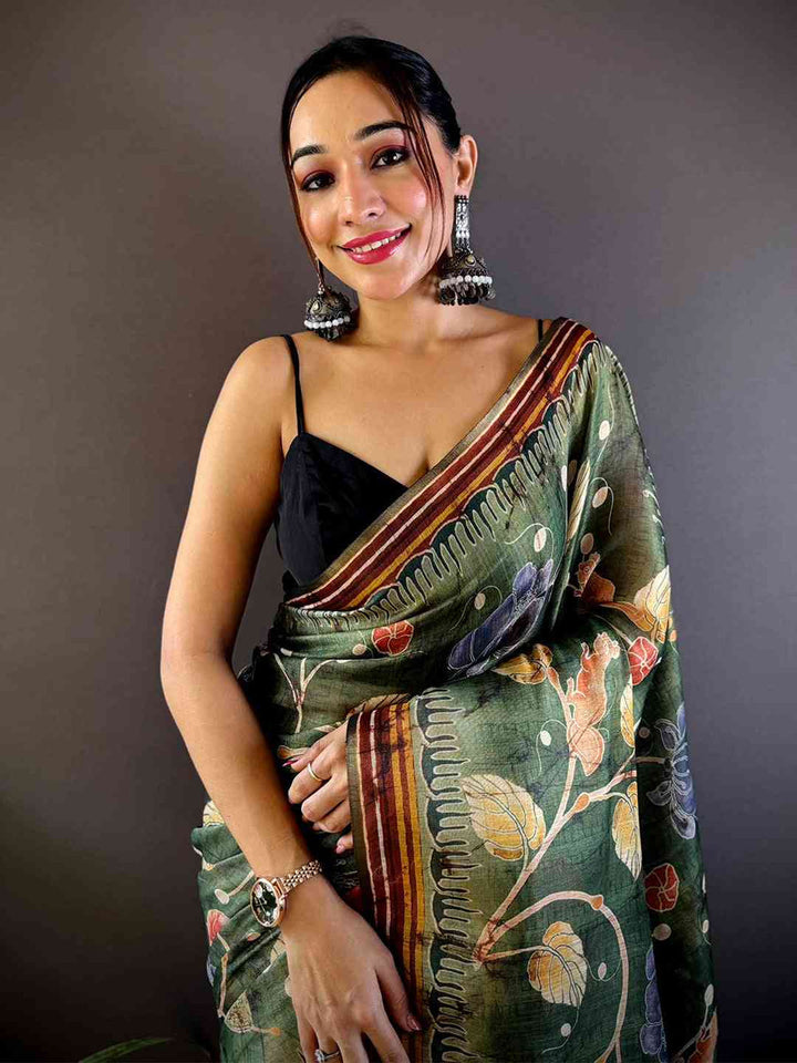 Olive Green Kalamkari Printed Soft Silk Saree with Contrast Border & Tassel Pallu