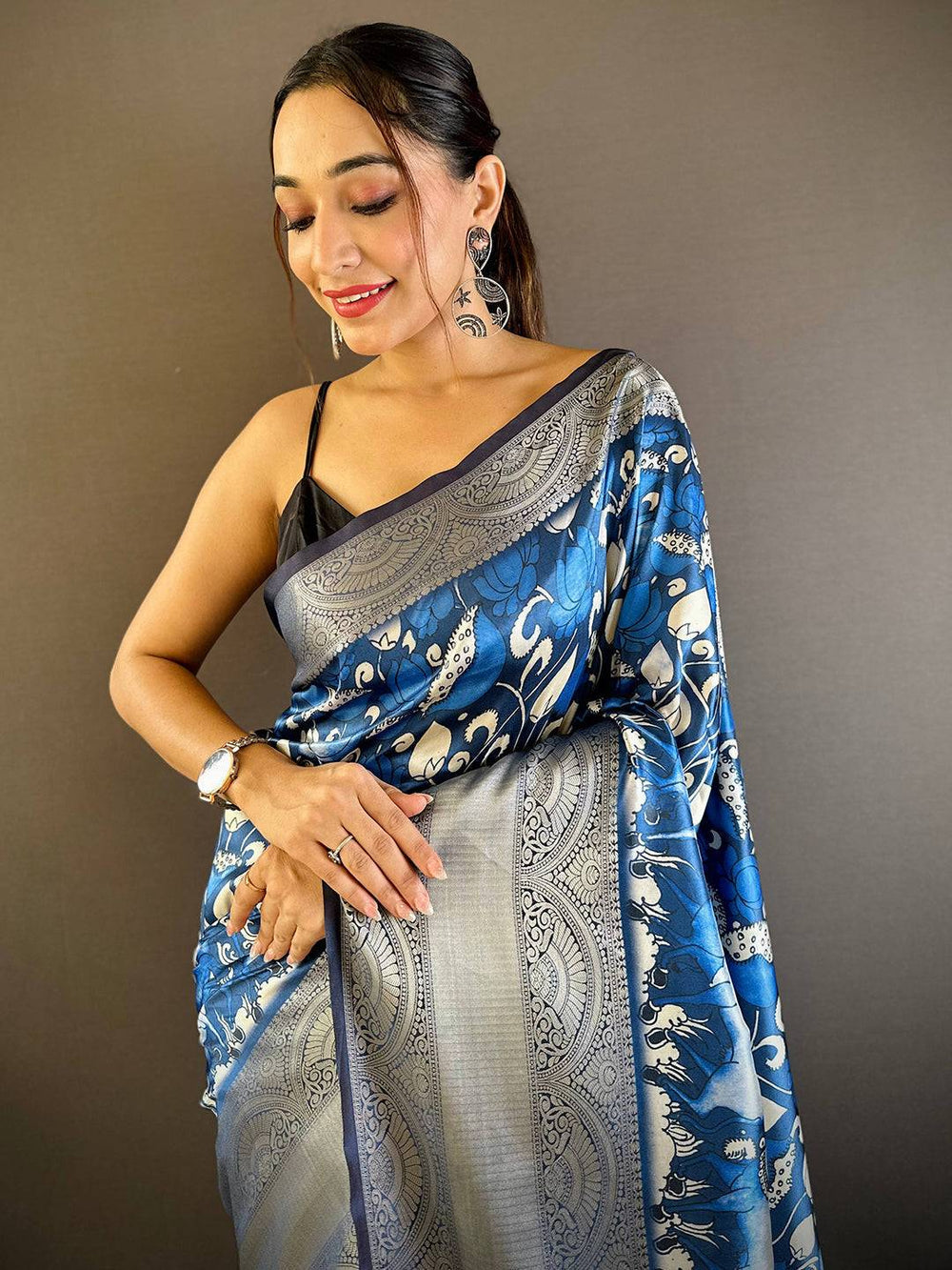 Royal Blue Soft Silk Saree with Silver Zari Weaving & Elephant Peacock Motifs