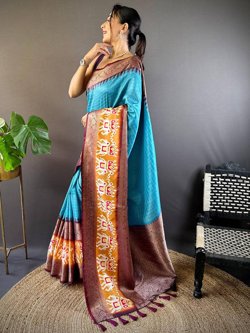 Turquoise Blue Soft Silk Saree with Ikat Woven Border & Antique Zari Pallu