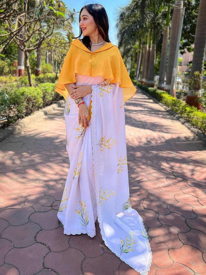 White Floral Printed Georgette Saree with Lace Border