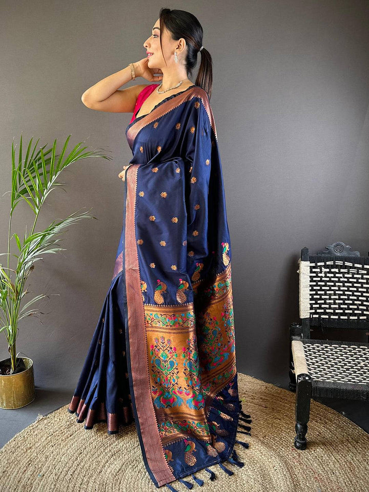 Navy Blue Soft Silk Saree with Multicolor Peacock Weaving & Antique Zari Border