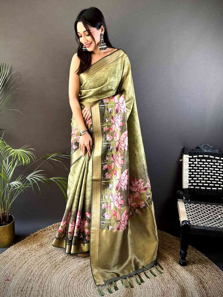 Olive Green Soft Silk Saree with Pink Lotus Floral Print & Gold Zari Border