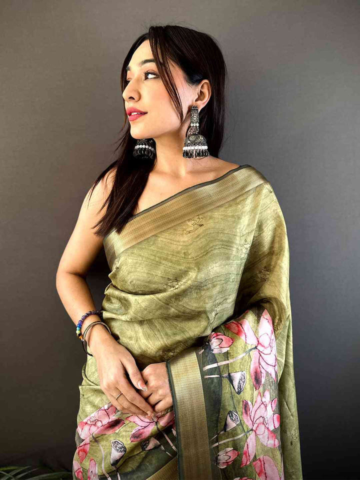 Olive Green Soft Silk Saree with Pink Lotus Floral Print & Gold Zari Border