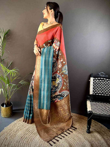 Red & Teal Soft Silk Saree with Mythological Kalamkari Print & Zari Border