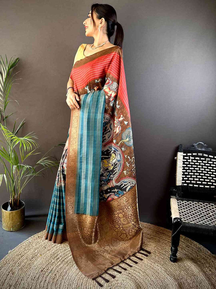 Red & Teal Soft Silk Saree with Mythological Kalamkari Print & Zari Border