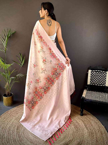 Pastel Pink Soft Silk Saree with Floral Meena Weaving & Zari Pallu