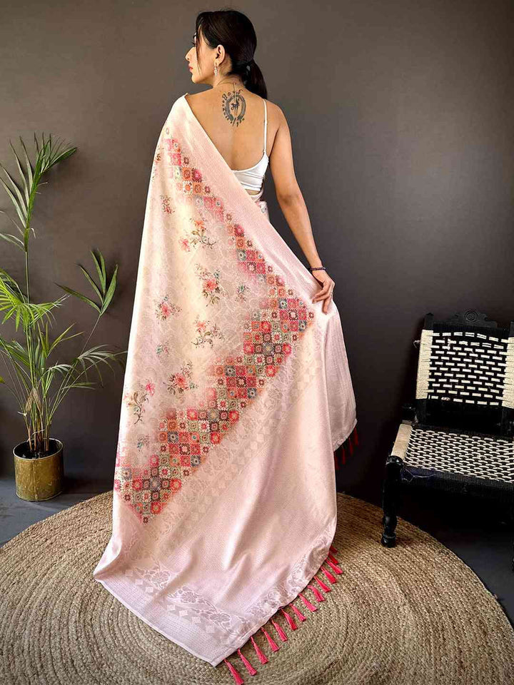 Pastel Pink Soft Silk Saree with Floral Meena Weaving & Zari Pallu