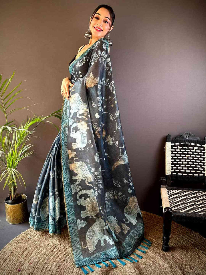 Black & Teal Soft Silk Saree with Elephant Kalamkari Print & Contrast Tassel Pallu