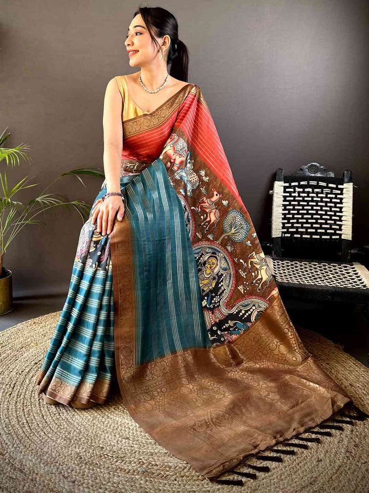 Red & Teal Soft Silk Saree with Mythological Kalamkari Print & Zari Border