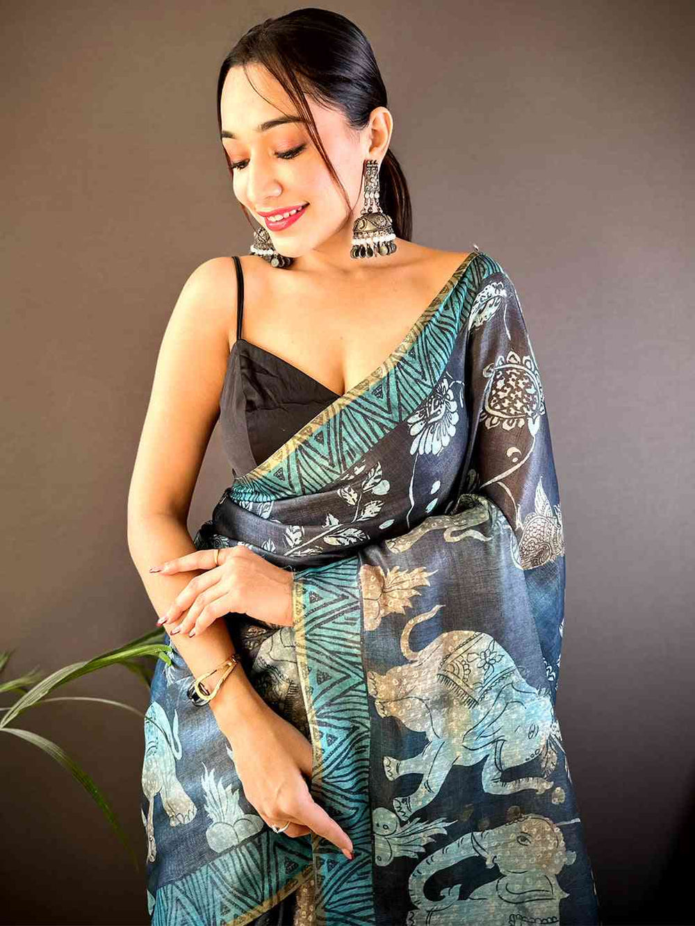 Black & Teal Soft Silk Saree with Elephant Kalamkari Print & Contrast Tassel Pallu