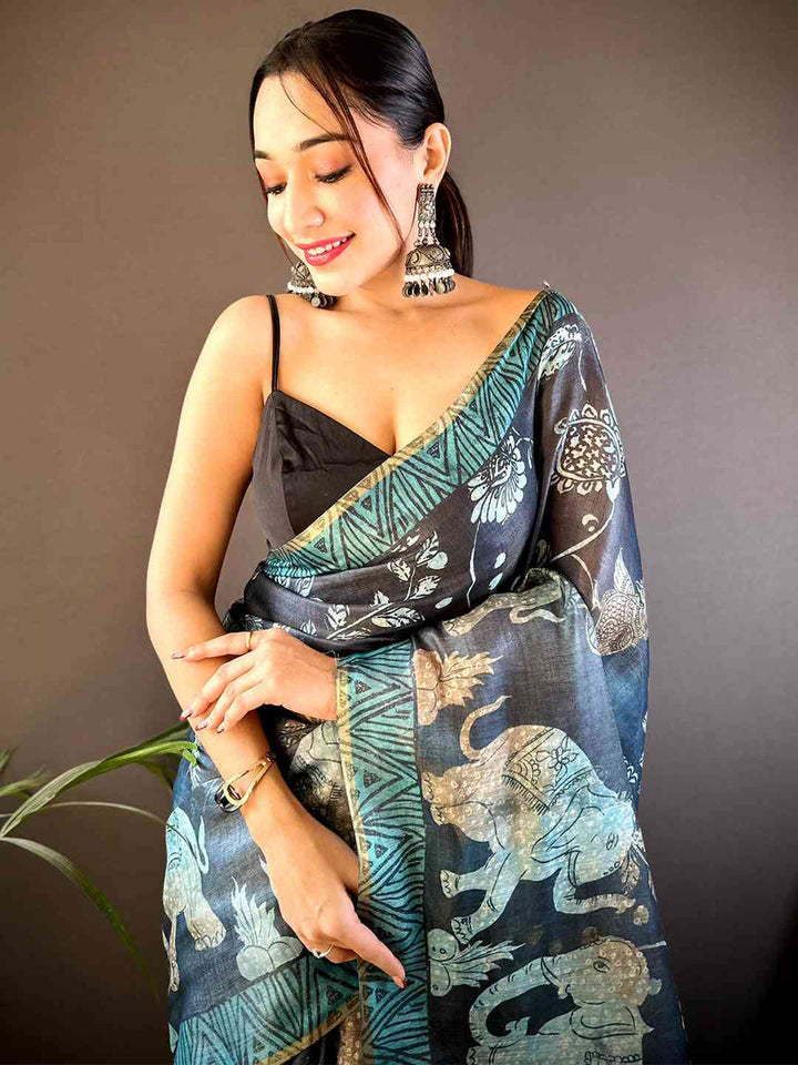 Black & Teal Soft Silk Saree with Elephant Kalamkari Print & Contrast Tassel Pallu