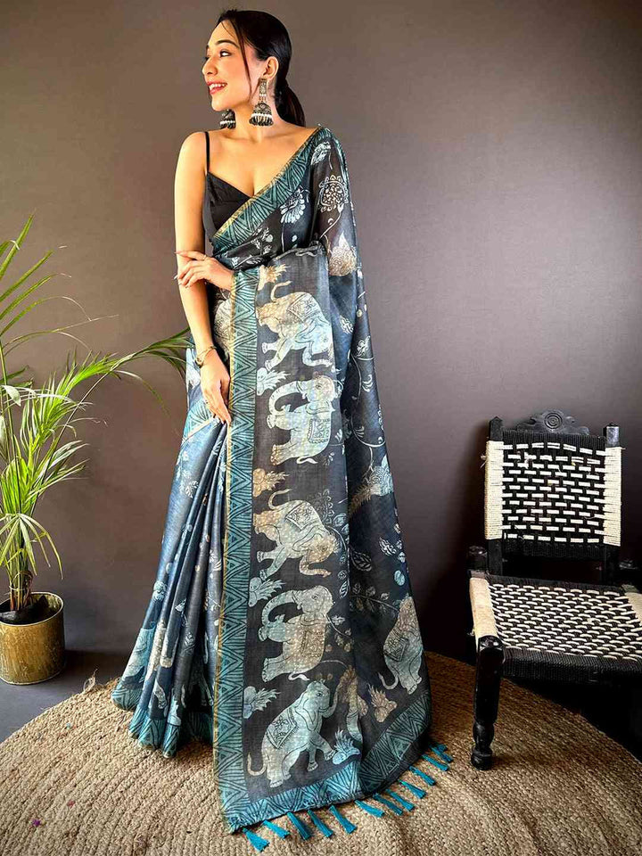 Black & Teal Soft Silk Saree with Elephant Kalamkari Print & Contrast Tassel Pallu