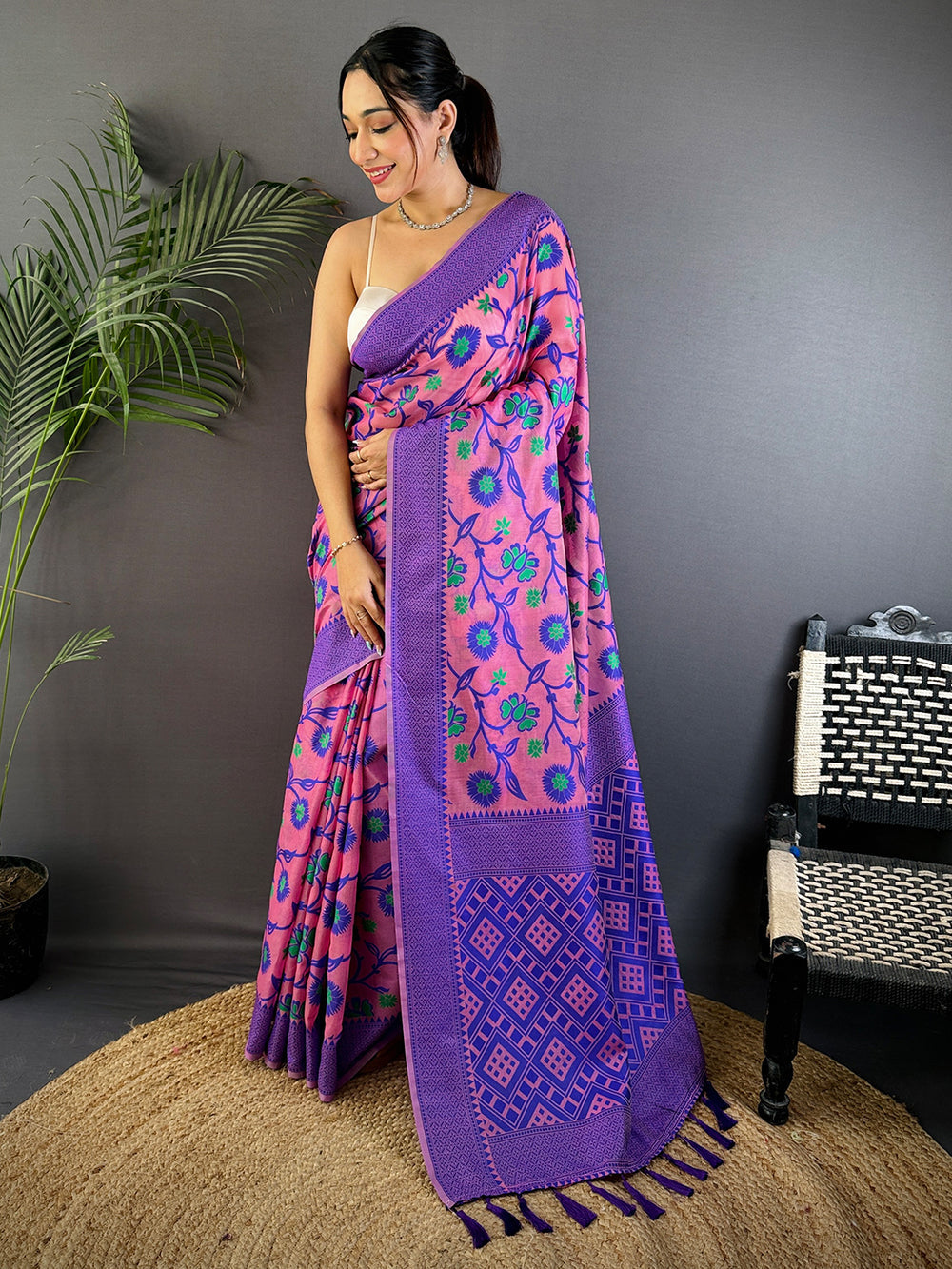 Pink & Purple Soft Cotton Saree with Floral Vine Print and Geometric Pallu