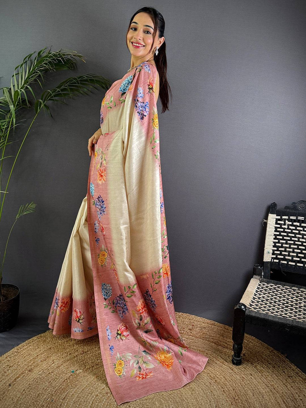 Cream Linen Silk Saree with Peach Floral Border & Digital Print