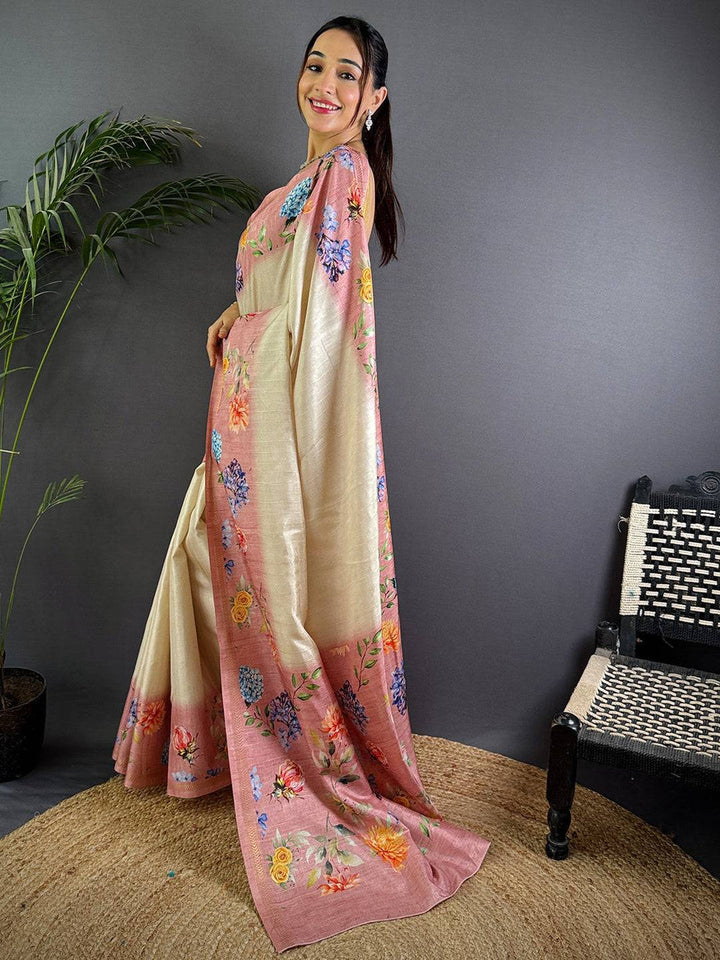 Cream Linen Silk Saree with Peach Floral Border & Digital Print
