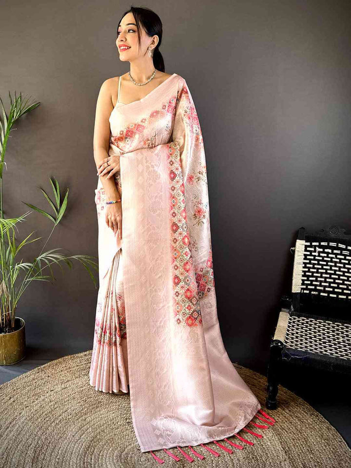 Pastel Pink Soft Silk Saree with Floral Meena Weaving & Zari Pallu
