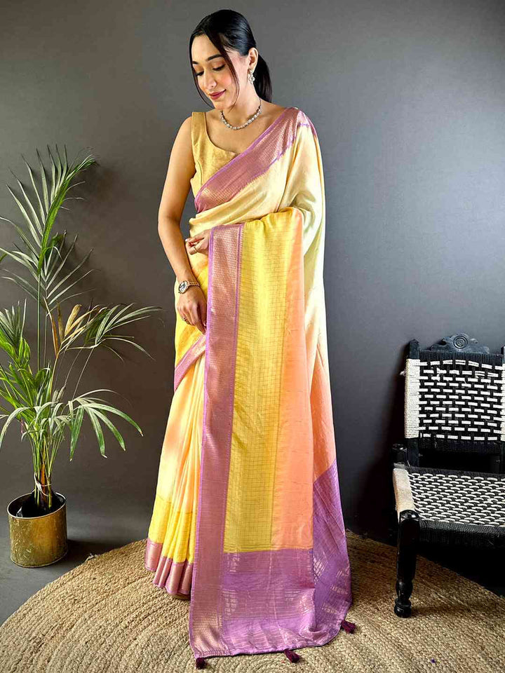 Pastel Yellow–Peach Soft Silk Saree with Lavender Border