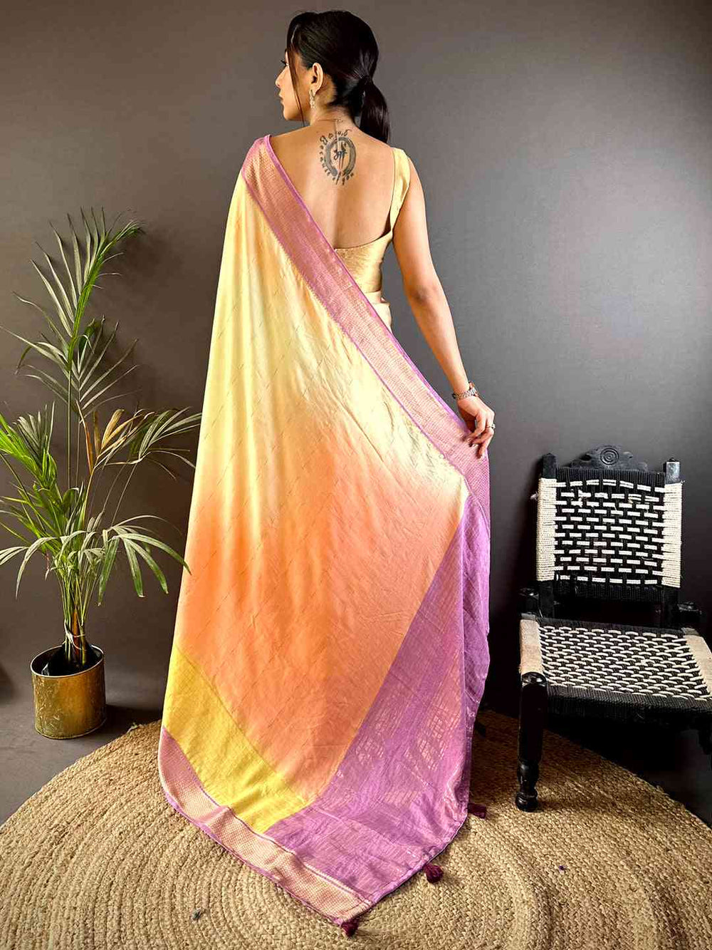 Pastel Yellow–Peach Soft Silk Saree with Lavender Border