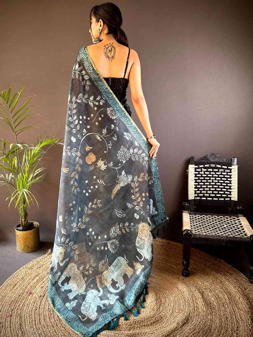 Black & Teal Soft Silk Saree with Elephant Kalamkari Print & Contrast Tassel Pallu