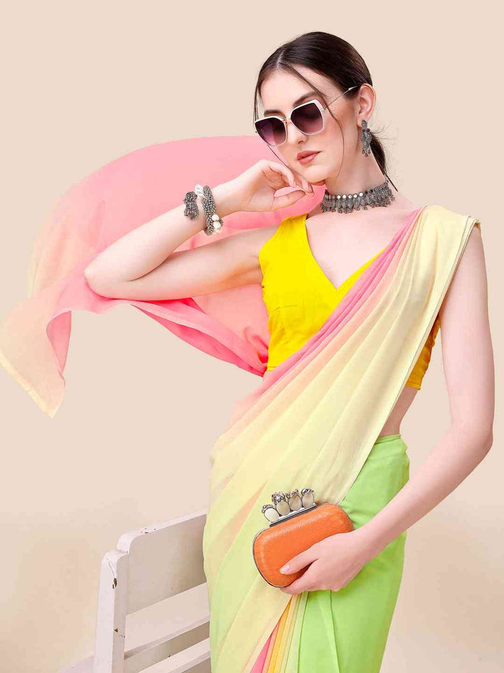 Pastel Multi Color Ombre Georgette Saree with Yellow Blouse