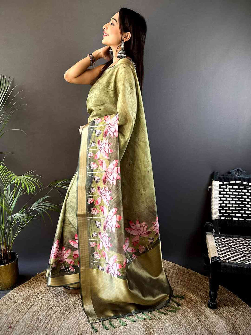 Olive Green Soft Silk Saree with Pink Lotus Floral Print & Gold Zari Border