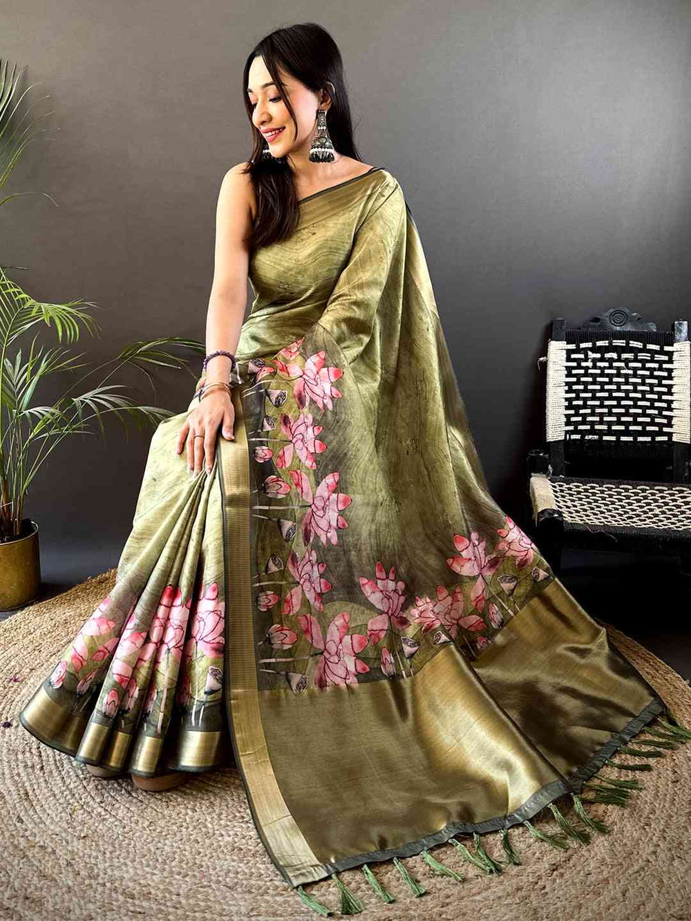 Olive Green Soft Silk Saree with Pink Lotus Floral Print & Gold Zari Border