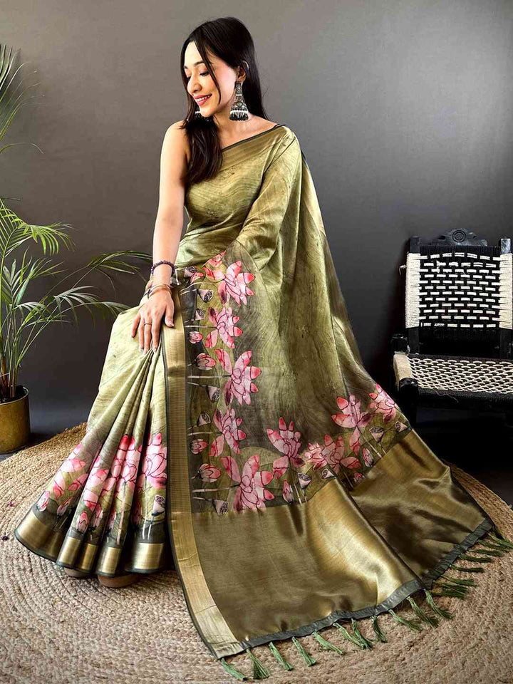 Olive Green Soft Silk Saree with Pink Lotus Floral Print & Gold Zari Border