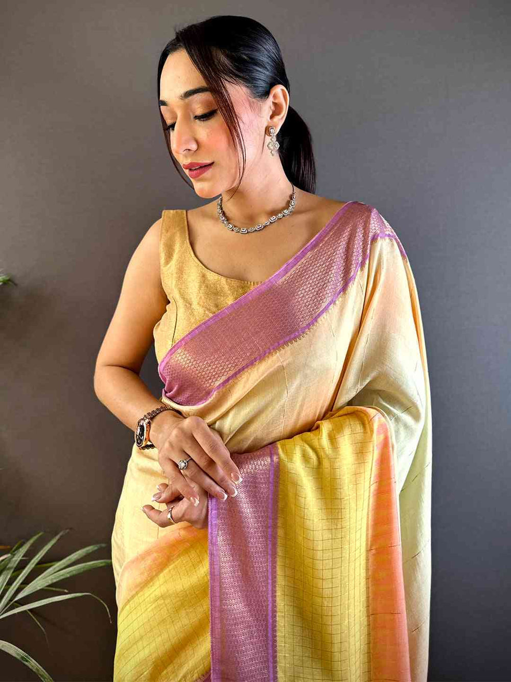 Pastel Yellow–Peach Soft Silk Saree with Lavender Border